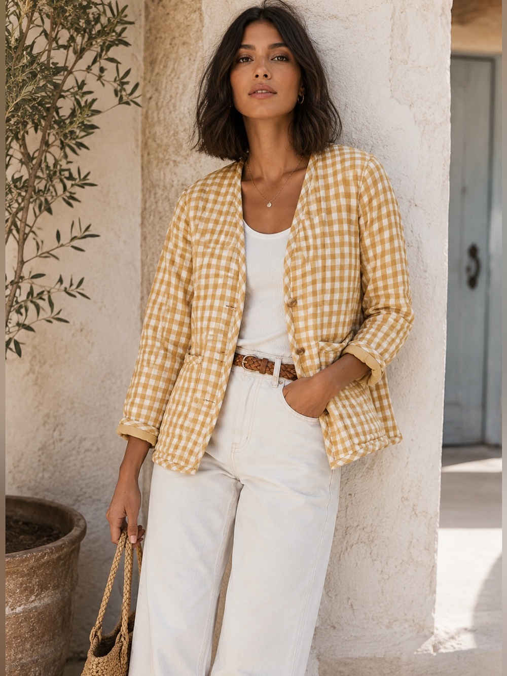 NWT GARNETT HILL Organic-Cotton Quilted Gauze Shacket In Raffia Gold Checker Sm